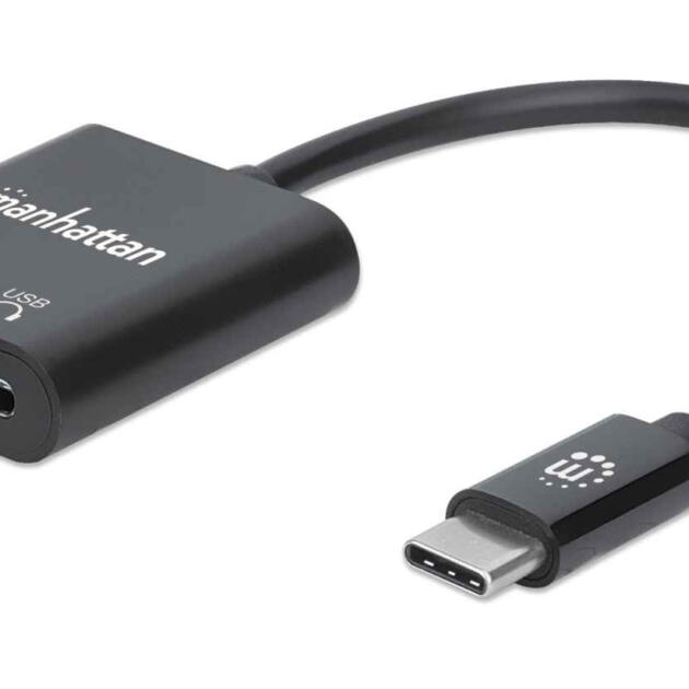 Manhattan USB-C to USB-C Audio Adapter and USB-C (inc Power Delivery), Black, 480 Mbps (USB 2.0), Cable 11cm, With Power Delivery to USB-C Port (60W), Three Year Warranty